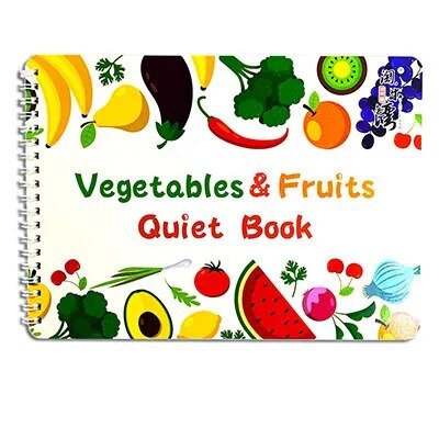 Colorful 'Vegetables & Fruits Quiet Book' with illustrations on a white background