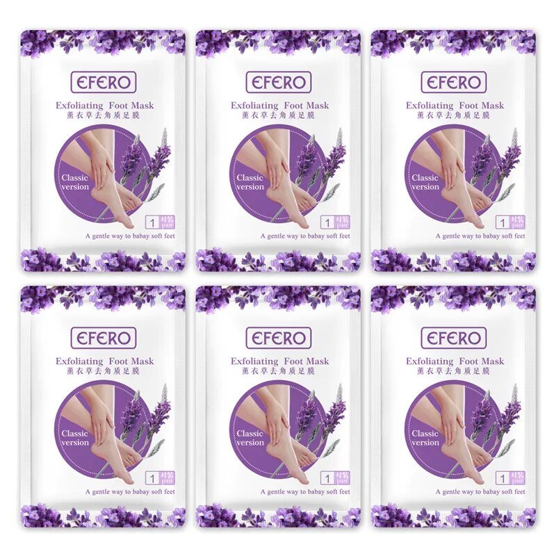 Multiple packages of EFERO Exfoliating Foot Mask with lavender design on a white background