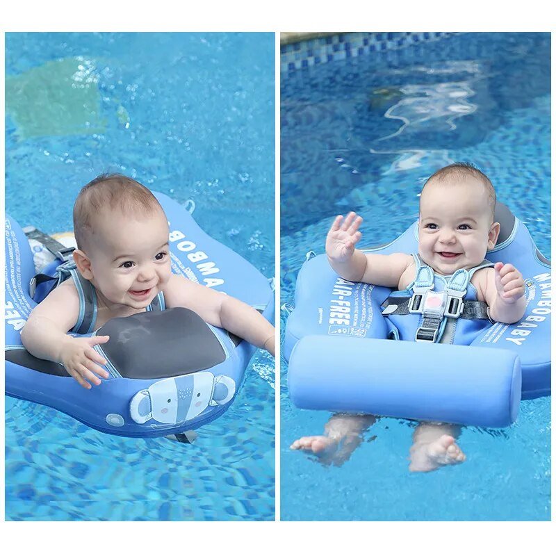 Two images of a baby in an inflatable swimming ring with a seat in a pool.