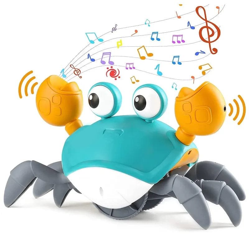 Toy crab with music notes and sound wave graphics on a white background