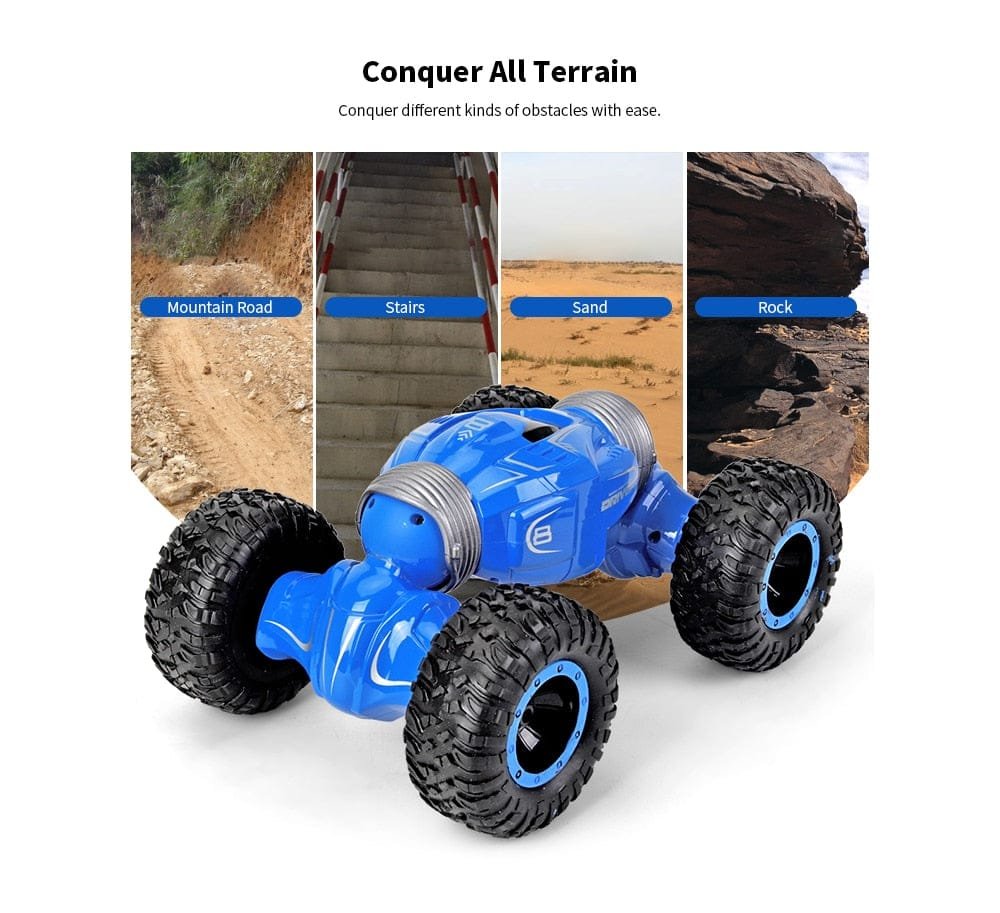 Blue toy vehicle with large black tires on a white background, demonstrating its ability to conquer various terrains.