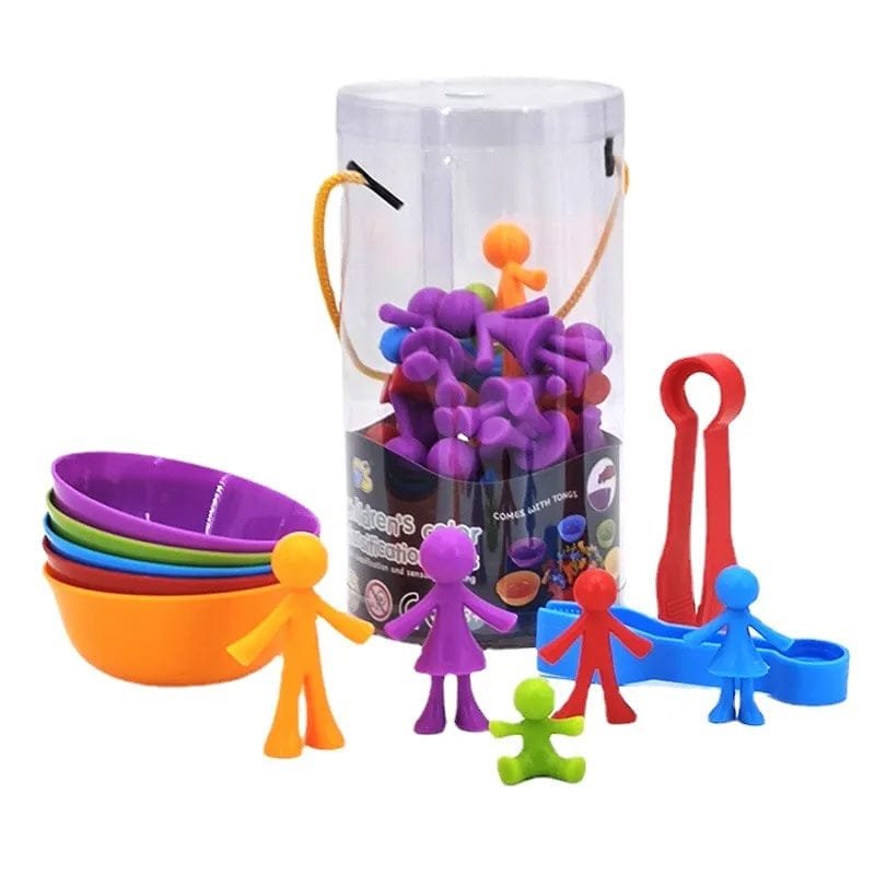 Colorful toy figures and tools with a clear cylindrical packaging on a white background