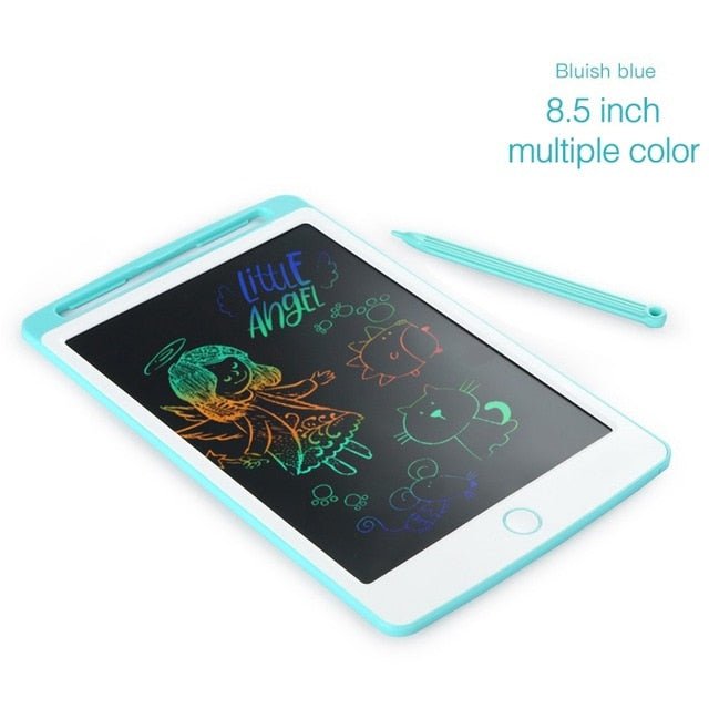 8.5 inch electronic drawing tablet with colorful drawings on a white background