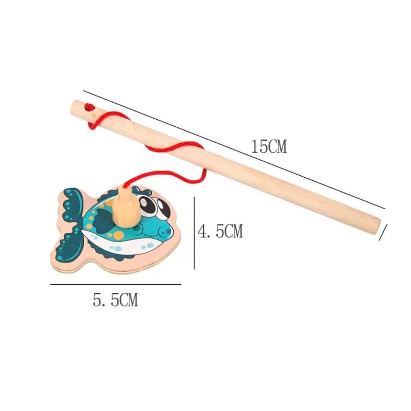 Wooden toy fishing rod with fish target and measurements on a white background