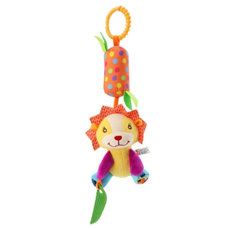 Colorful lion-shaped baby toy with a hanging polka dot ball on a white background