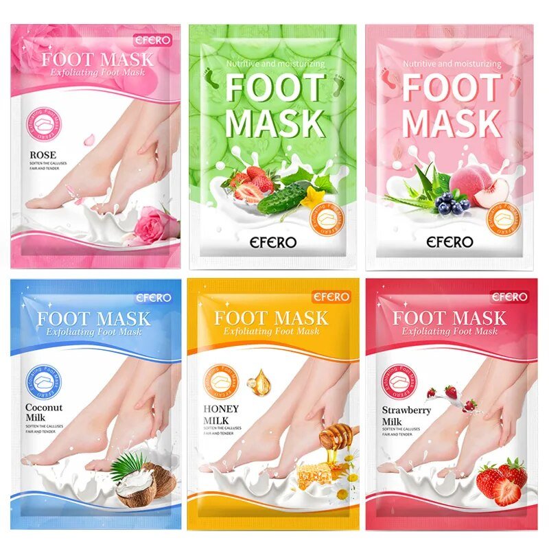 Six packages of EFERO foot masks with different scents and flavors.