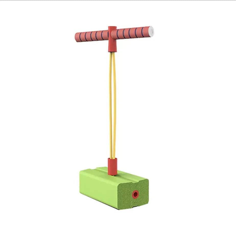 Green pogo jump with red and yellow accents on a white background