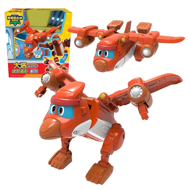 Toy robot with airplane design in front of its packaging