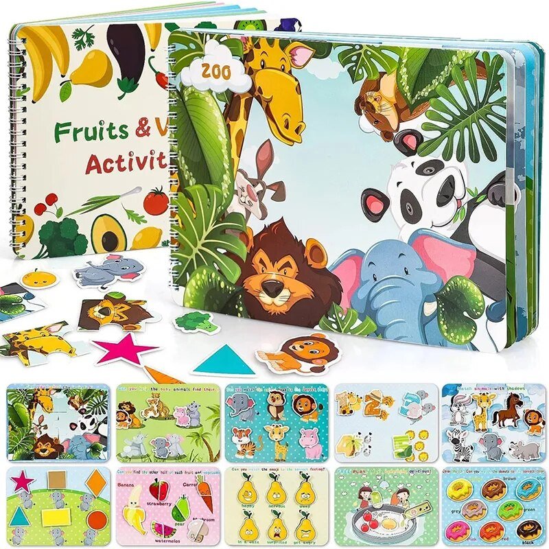 Children's educational book with animal and fruit illustrations on a white background