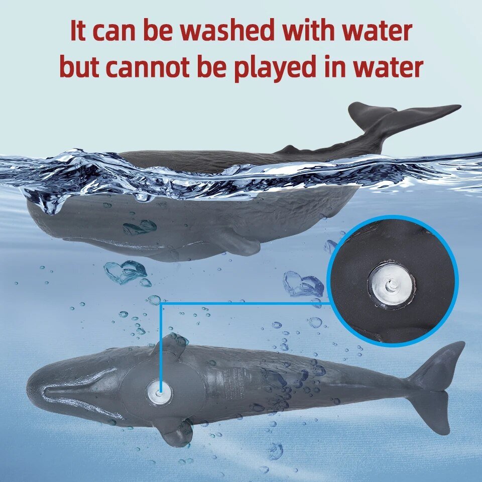 Toy whale with water-resistant feature and washing instructions on a blue background