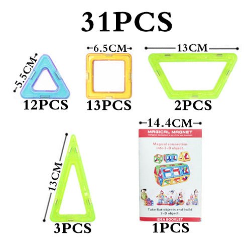 Set of colorful magnetic shapes with measurements and a packaging box on a white background