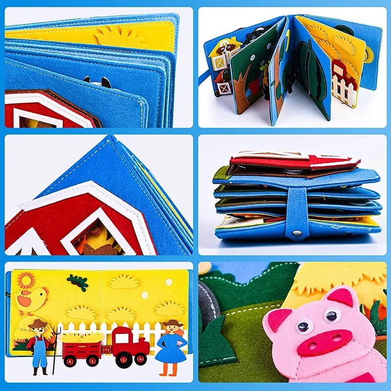 Collage of a colorful children's book with farm-themed illustrations and a pig character.