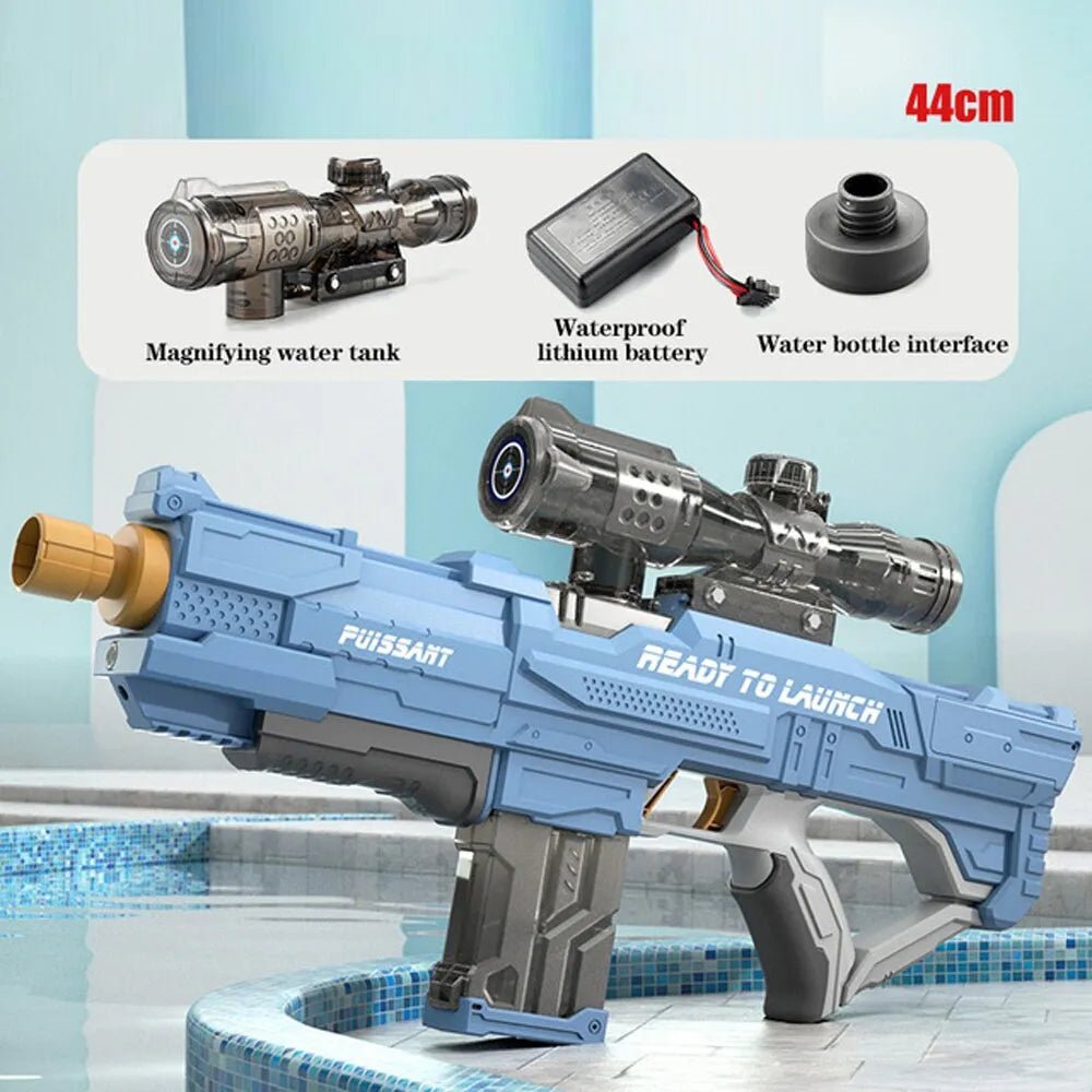 Blue water gun with features highlighted on a poolside background