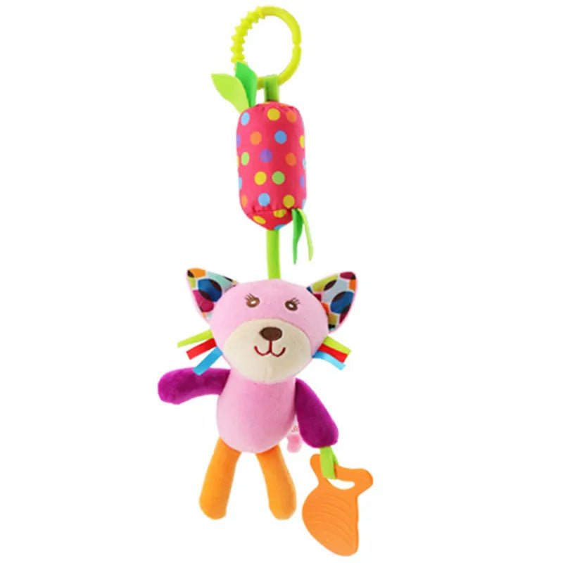 Colorful plush toy with a polka dot rattle on a white background