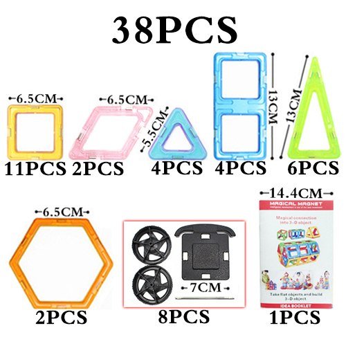 Set of colorful magnetic building frames with dimensions and packaging on a white background