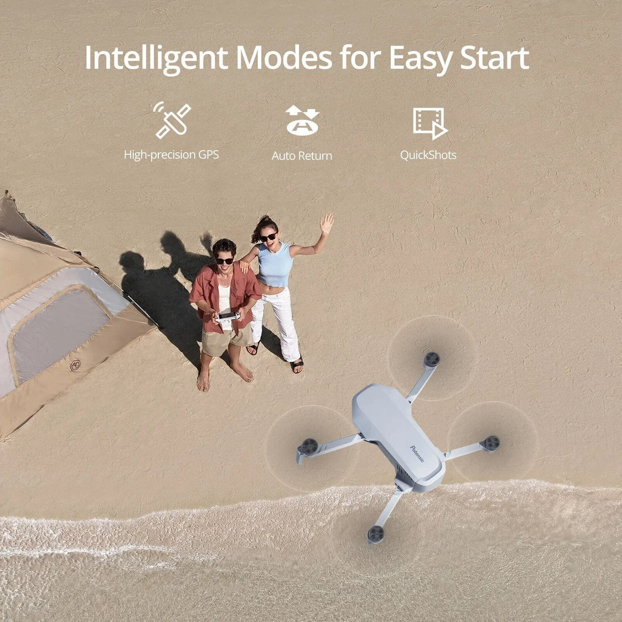 Drone on a beach with two people and a tent, featuring intelligent modes text.