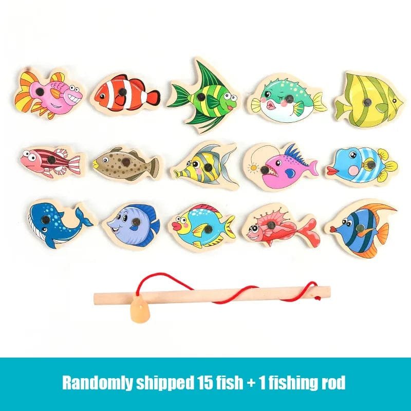 Set of colorful wooden fish toys with a fishing rod on a white background