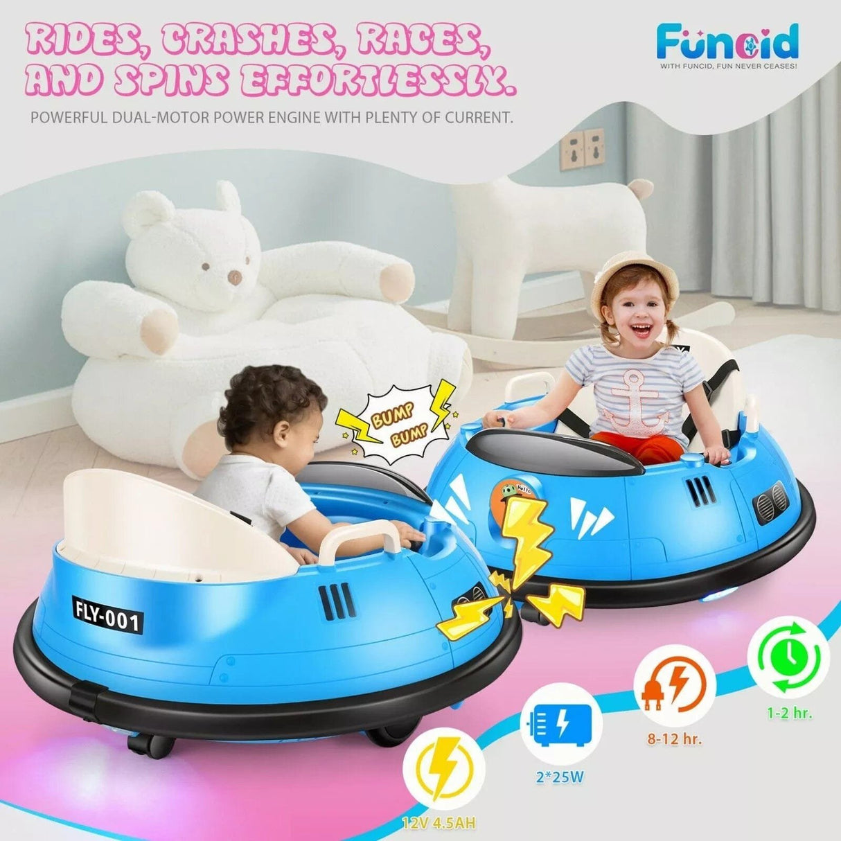 Two children playing with blue bumper cars in a room with colorful flooring.
