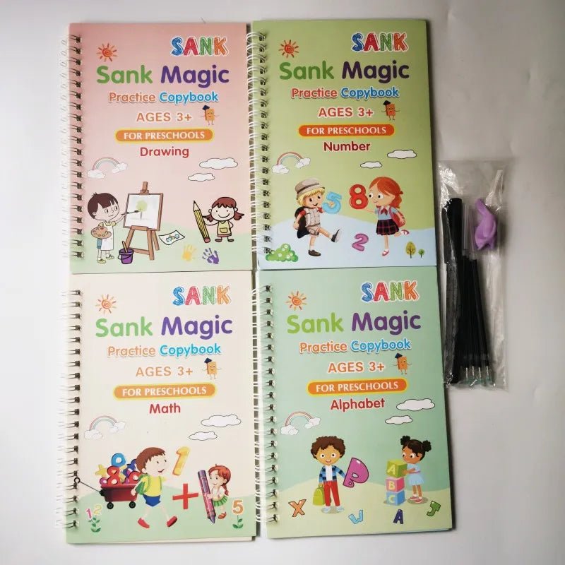 Four Sank Magic practice copybooks for preschoolers on a white background