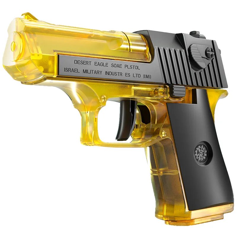 Toy gun with yellow barrel and black grip on a white background