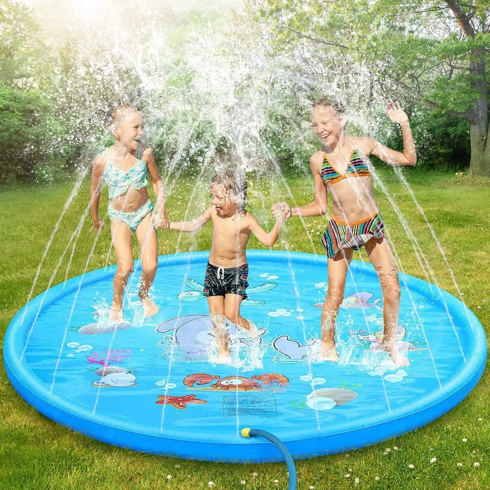 Children playing on a blue inflatable sprinkler pad in a garden.