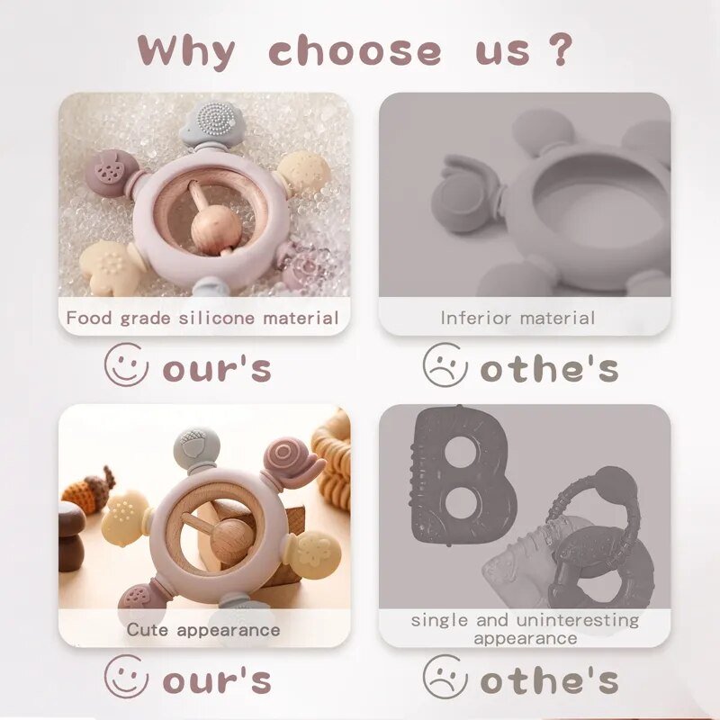 Comparison of food-grade silicone material teething ring with inferior material on a light gray background.