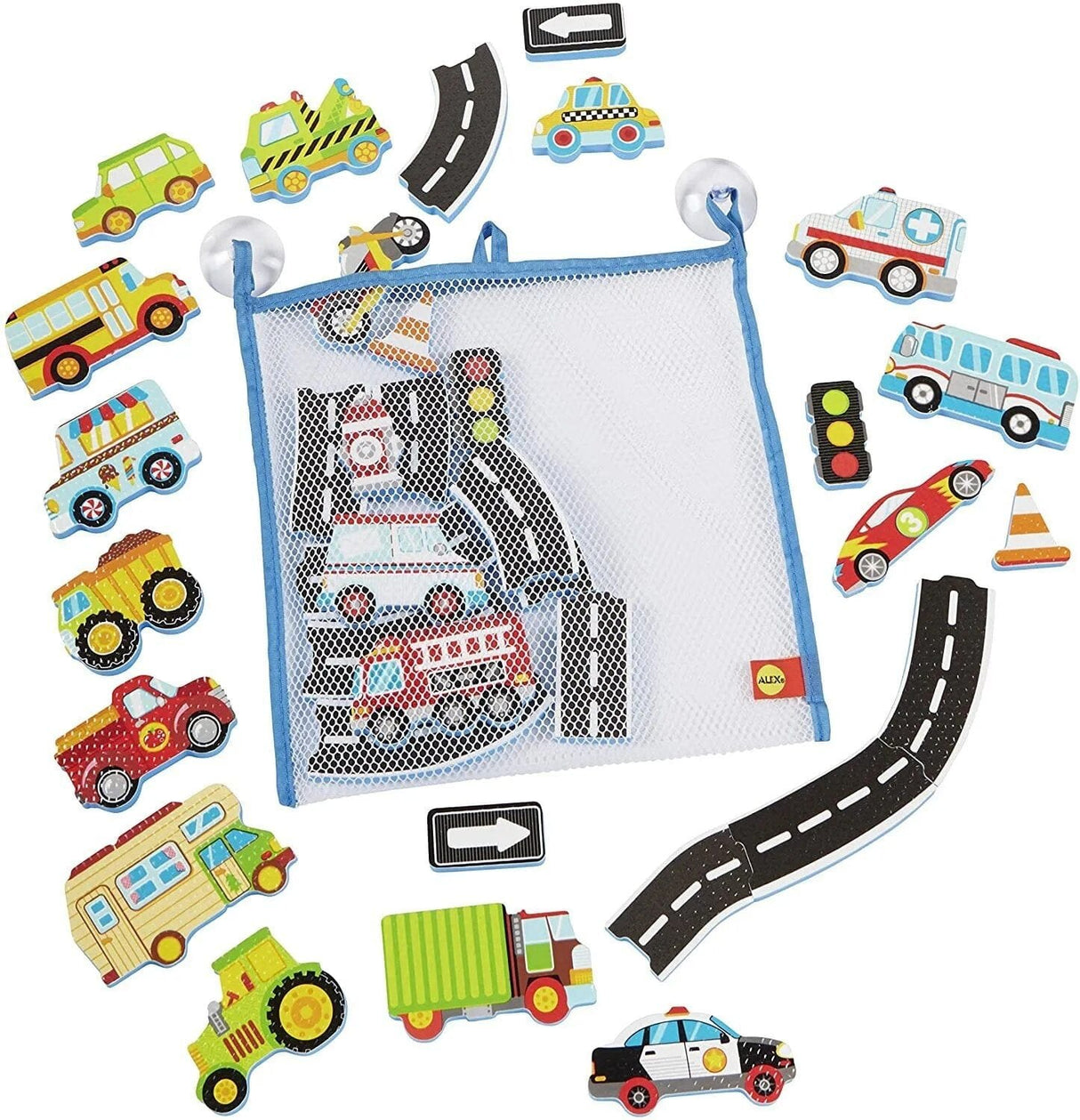 Collection of colorful toy vehicles and road pieces with a mesh storage bag on a white background