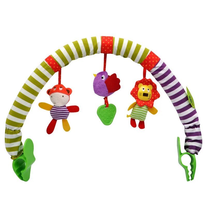 Colorful baby arch toy with hanging plush animals on a white background