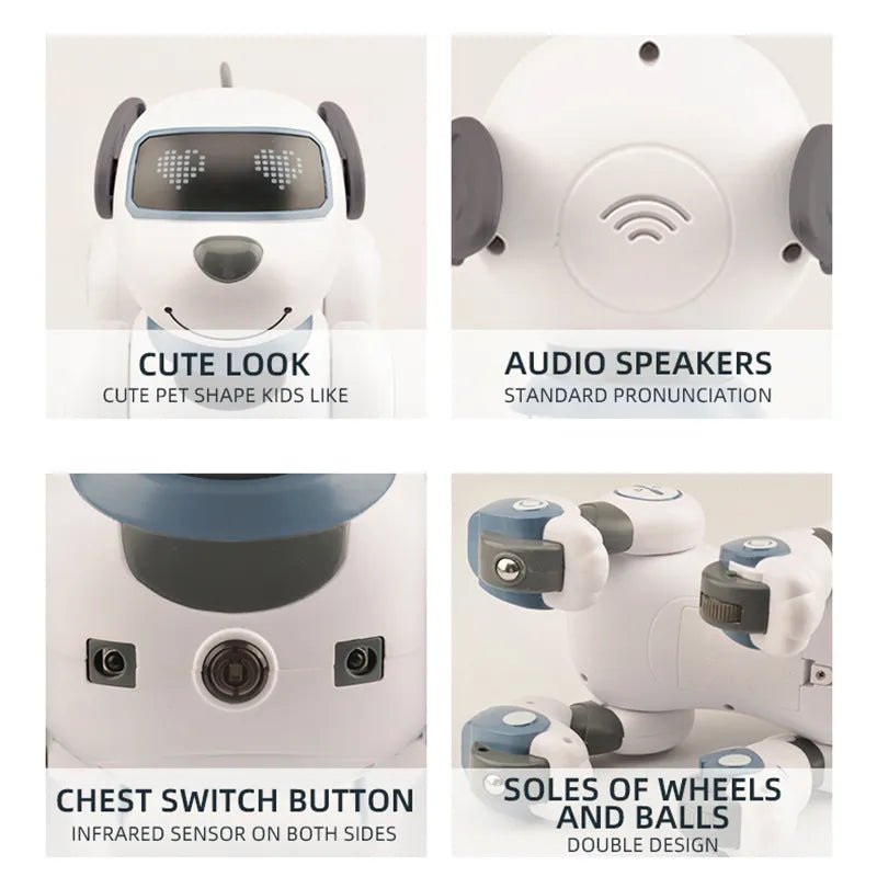 White robot dog with labeled features on a white background