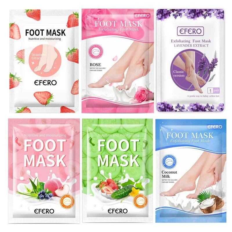 Various packages of Efero foot masks with different scents and ingredients.