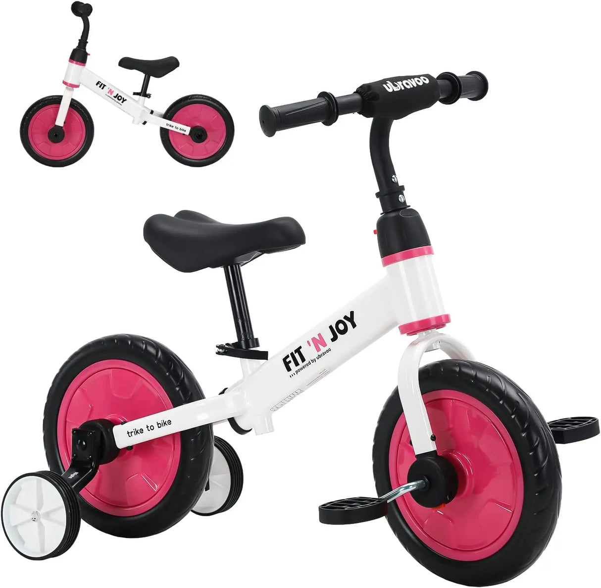 White and pink balance bike with detachable training wheels on a white background
