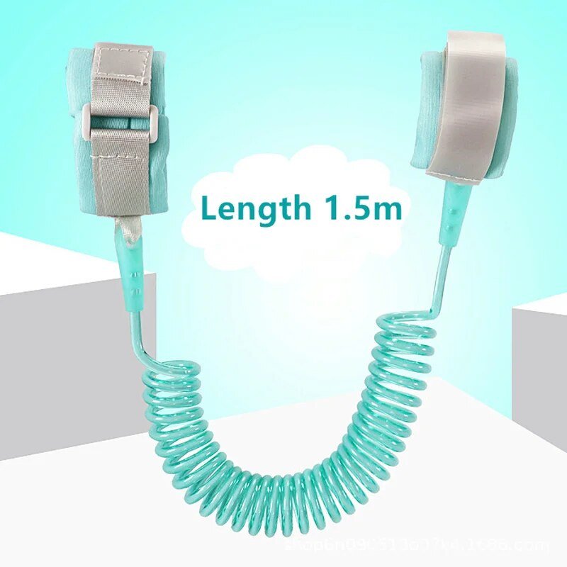 Teal safety leash with gray straps on a light blue background, labeled 'Length 1.5m'.