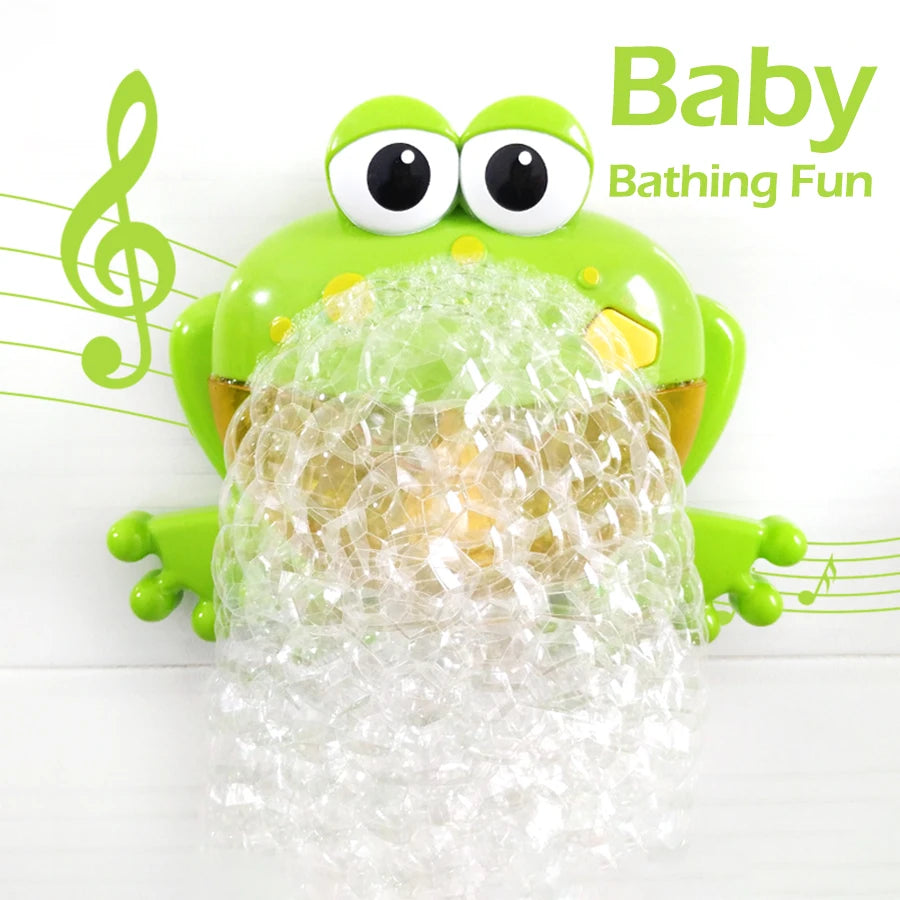 Green frog-shaped bubble machine with bubbles on a white background, labeled 'Baby Bathing Fun'.