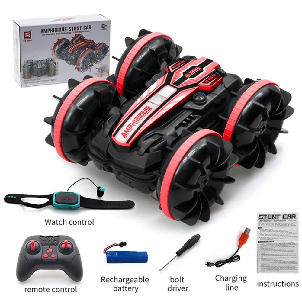 Amphibious stunt car with remote control, battery, and accessories