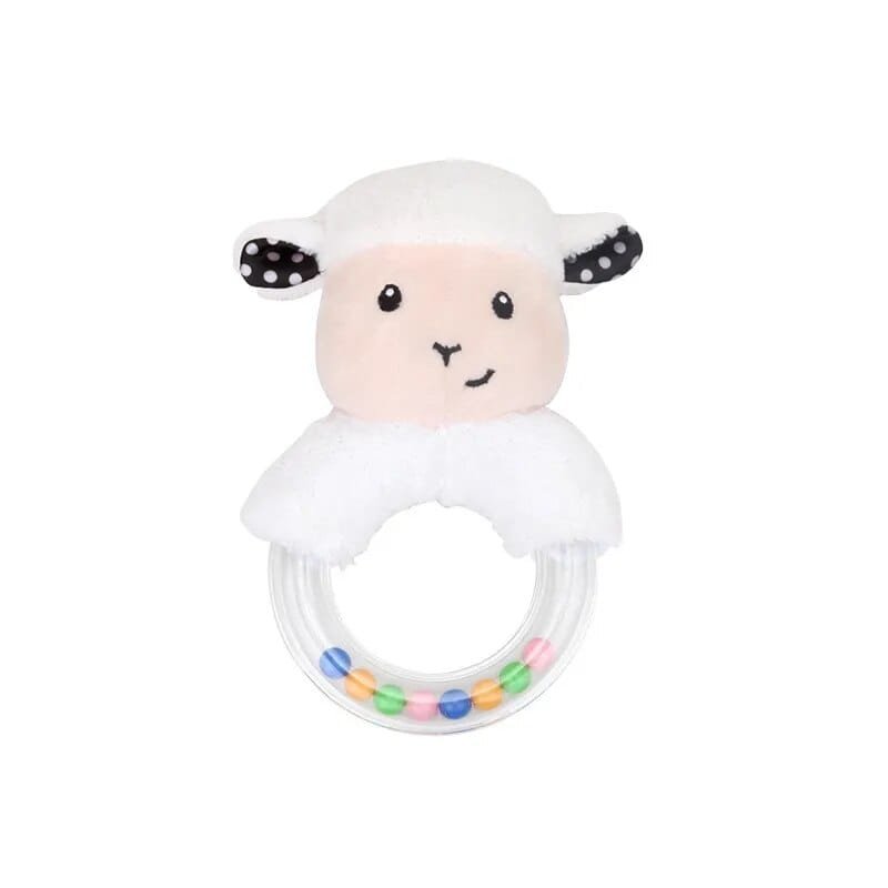 Plush lamb rattle toy with colorful beads.