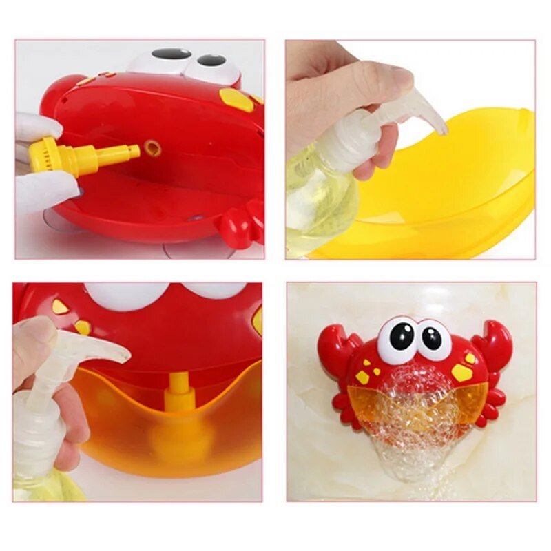 Collage of a red crab-shaped bubble machine with yellow base and bubble solution bottle.