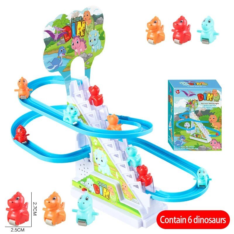 Dinosaur toy track set with small dinosaur figures and packaging.