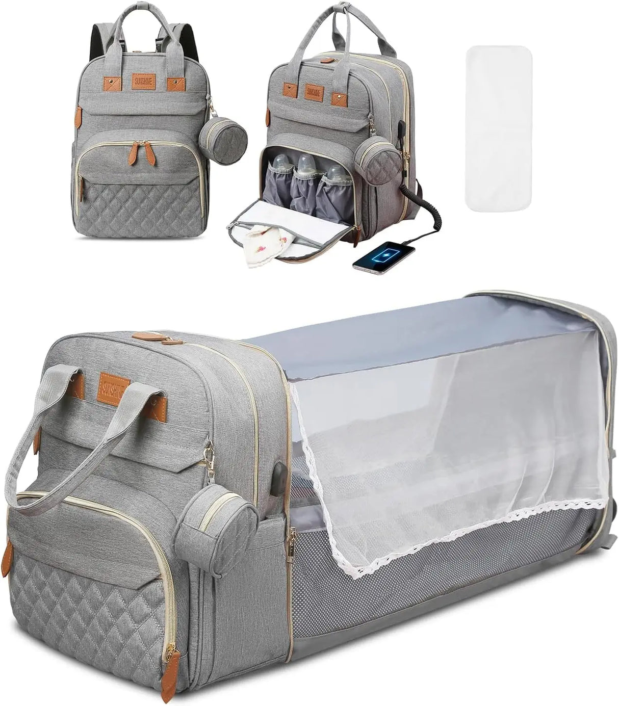 Gray diaper bag with quilted design, backpack straps, and baby bassinet extension