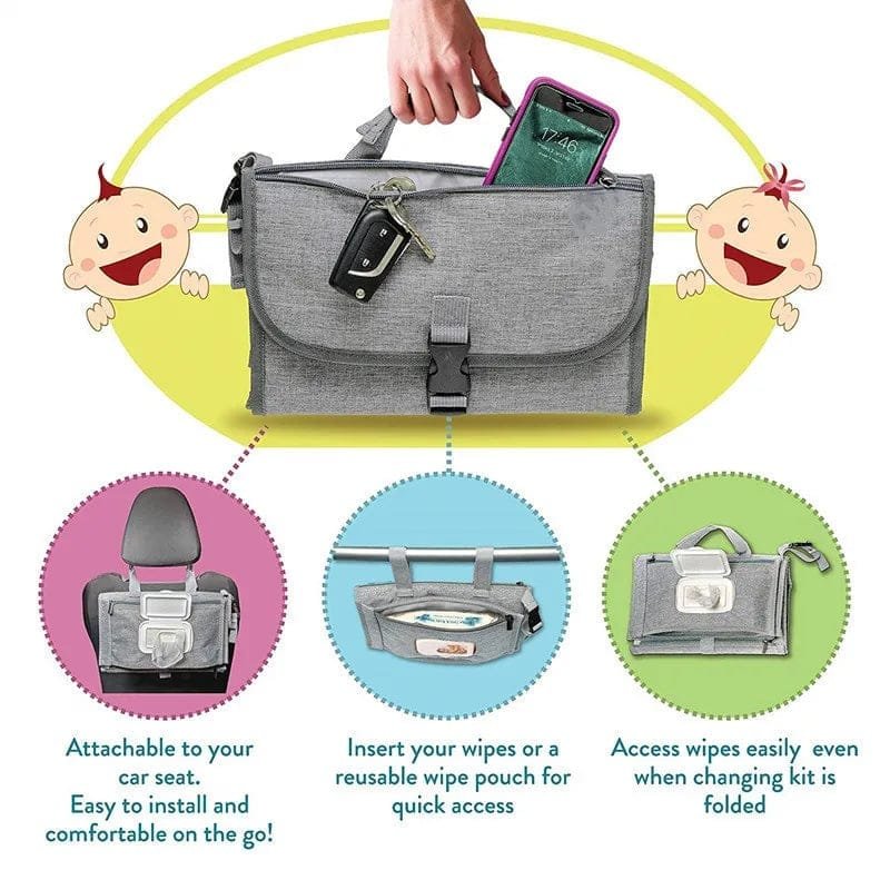 Gray diaper bag with features highlighted