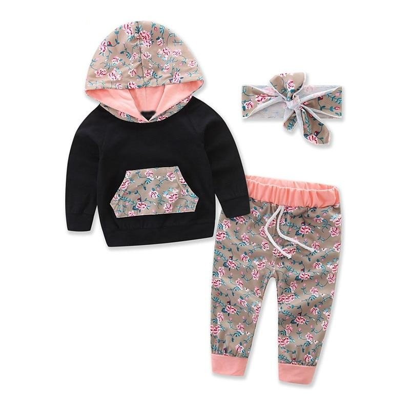 Children's outfit set with a floral hoodie, pants, and a headband