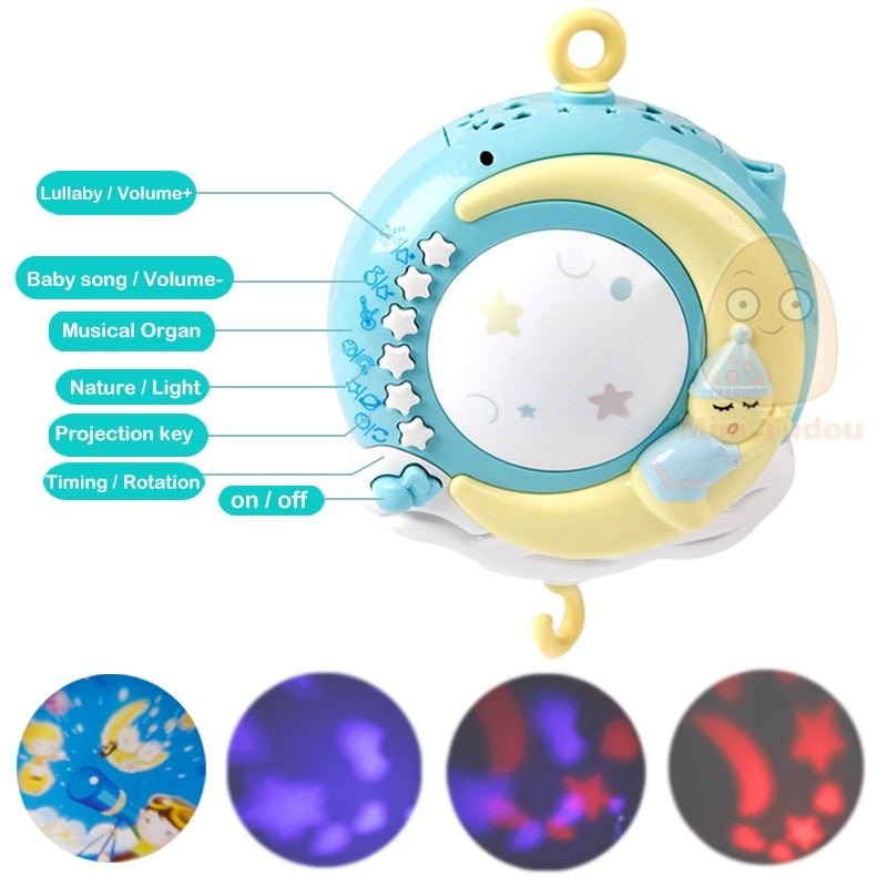 Baby night light with moon and star design, featuring various functions and color options.