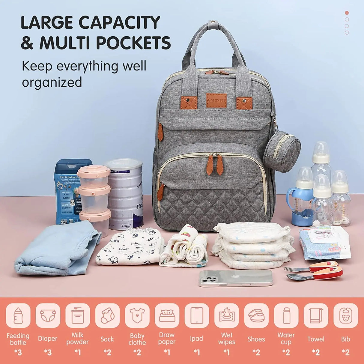 Gray diaper bag with baby care items on a pink surface
