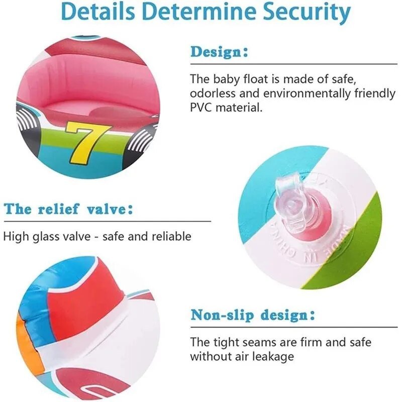 Colorful baby float with design, relief valve, and non-slip features highlighted.