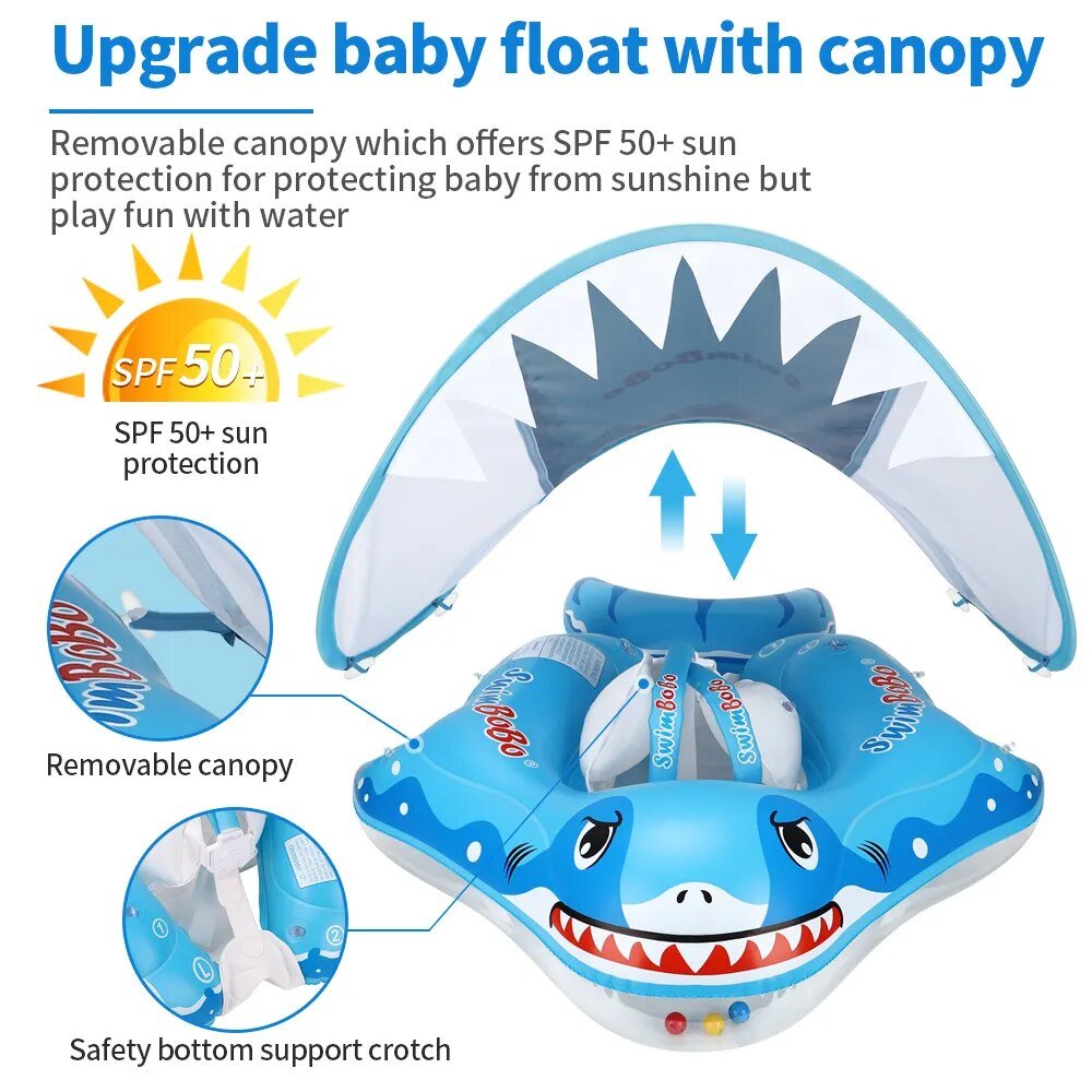 Baby float with shark design and canopy, featuring SPF 50+ sun protection.