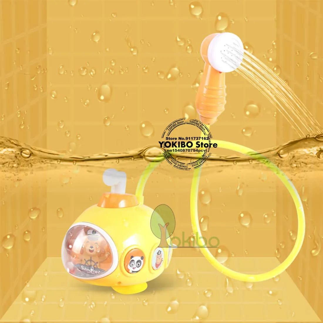 Yellow bath toy with panda design and shower head on a yellow background