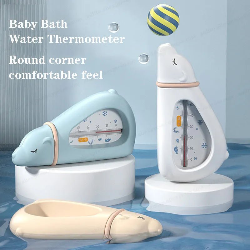 Baby bath water thermometers with round corners on a blue water background