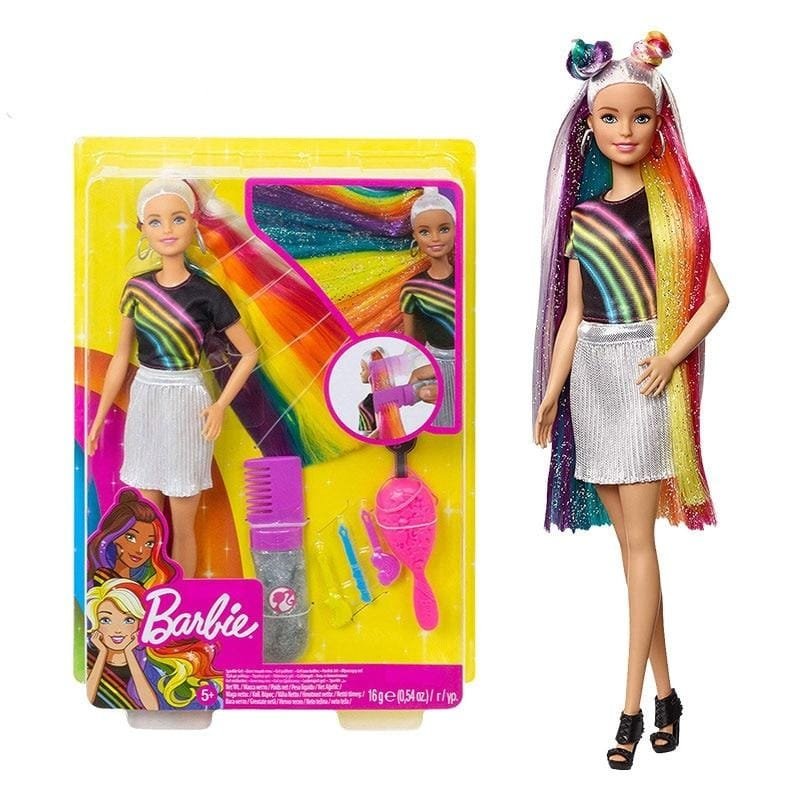 Barbie doll with colorful hair and packaging.