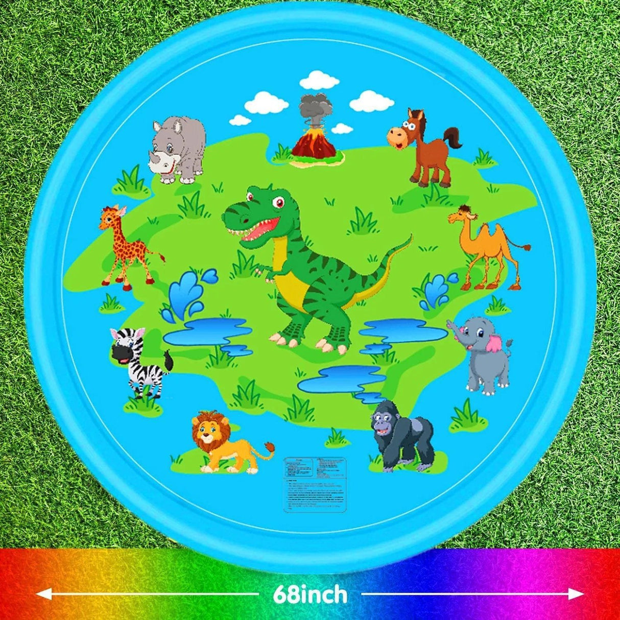 Children's inflatable play mat with cartoon animals on a grass background