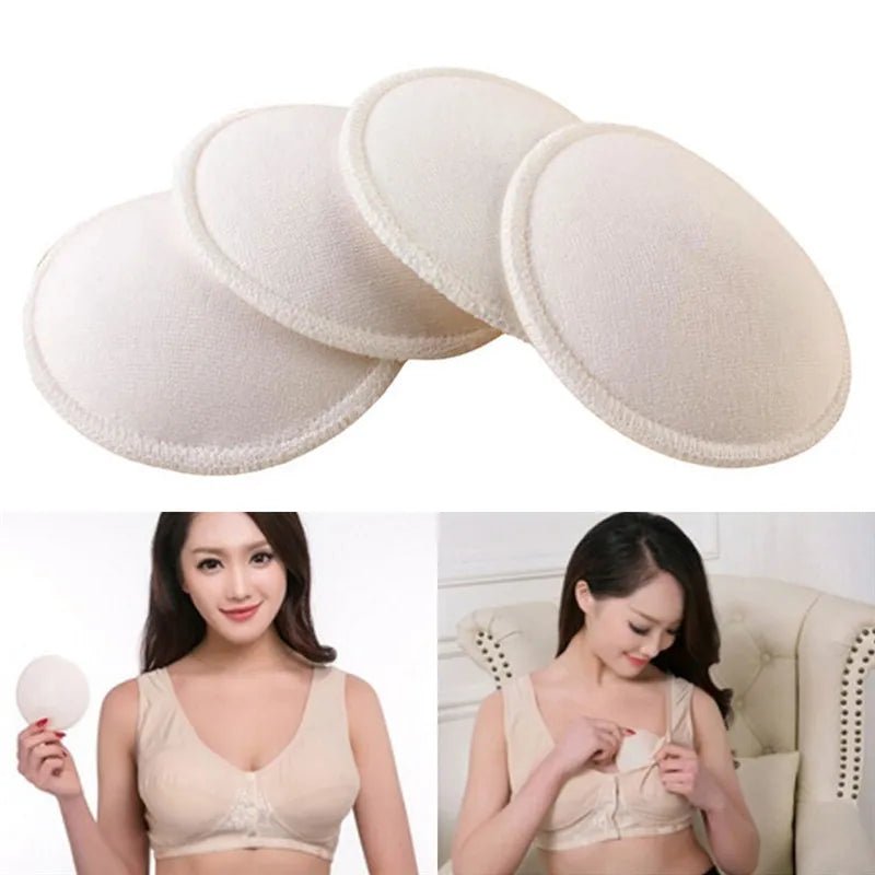 Beige bra pads with two women wearing beige bras on a white background