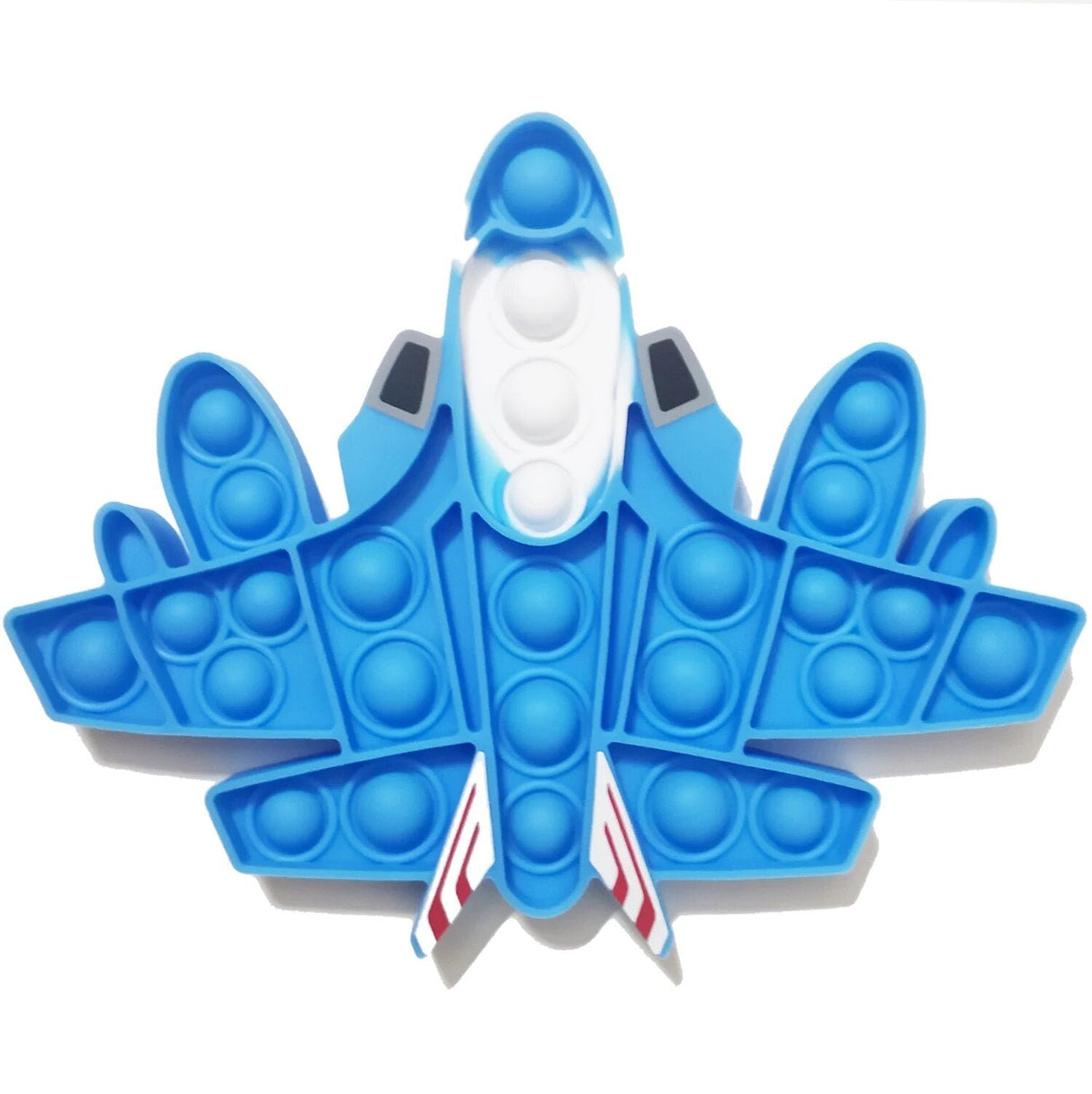 Blue airplane-shaped pop-it fidget toy on a white background